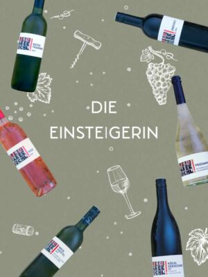 Foto-Montage mit 6 Wein-Flaschen auf grünem Hintergrund und Schriftzug "Die Einsteigerin"