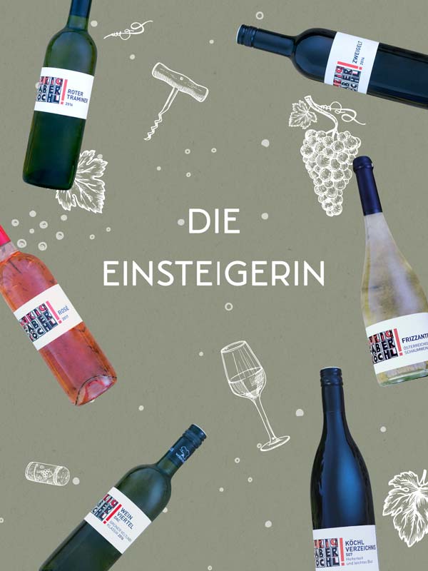 Foto-Montage mit 6 Wein-Flaschen auf grünem Hintergrund und Schriftzug "Die Einsteigerin"