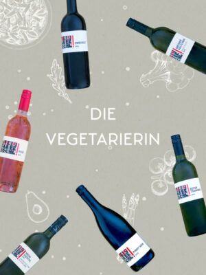 Foto-Montage mit 6 Weinflaschen und Schriftzug "Die Vegetarierin"