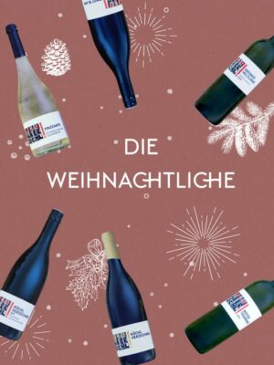 Foto-Montage mit 6 Wein-Flaschen auf rotem Hintergrund und Schriftzug "Die Weihnachtliche"